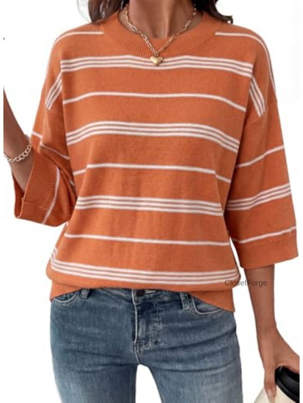 Oversized 3/4 Sleeve Striped Lightweight Knit Pullover Sweater, Cotton